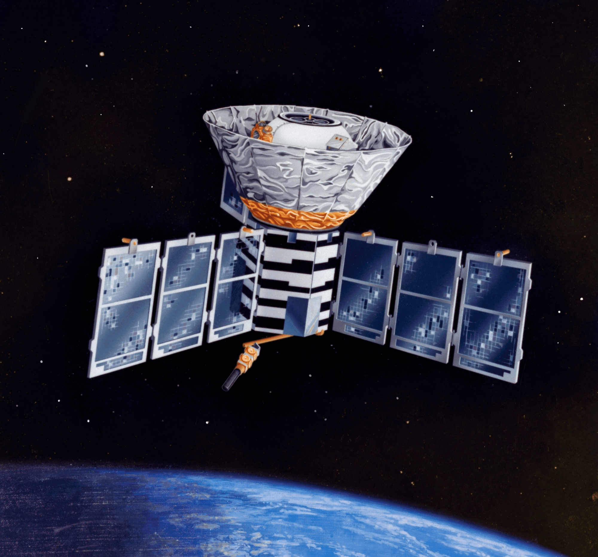 The COBE spacecraft orbits above Earth
