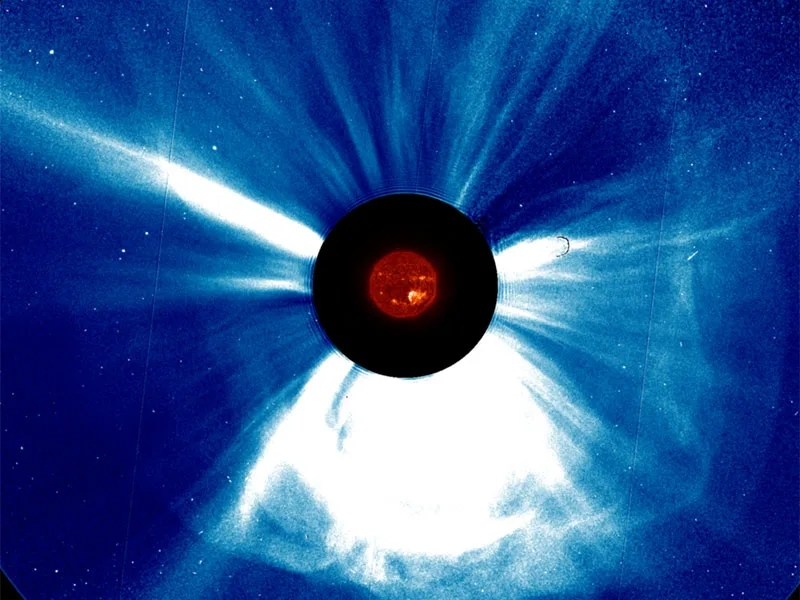 A massive coronal mass ejection erupting from the Sun.