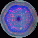 animation of clouds moving around Saturn's pole in a hexagonal pattern