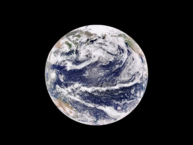 A blue sphere with swirling white clouds and brown and green splotches is shown in front of a black background.