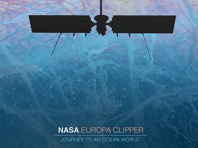 A black silhouetted spacecraft orbits above a light blue scratchy surface. The words "NASA Europa Clipper, Journey to an Ocean World" are written at the bottom.