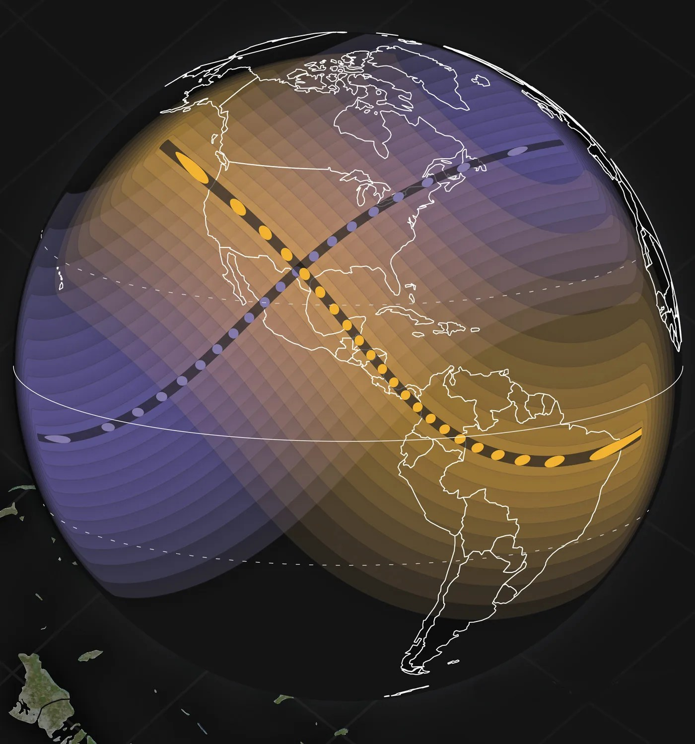 Illustrated globe showing the path of both the lunar and solar eclipses in 2023 and 2024,