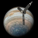 Illustration of the tri-winged spacecraft over the planet Jupiter, which is tan and white striped