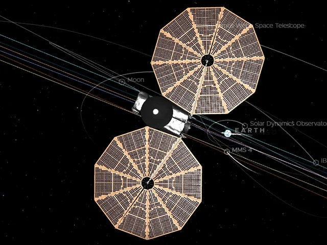 A view of a spacecraft with two large solar panels in space.