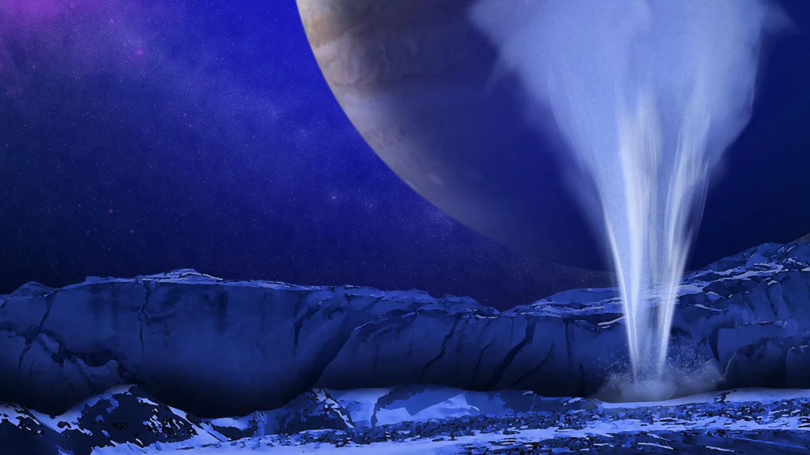 An illustration of a geyser erupting on an icy surface. The planet Jupiter looms in the background.
