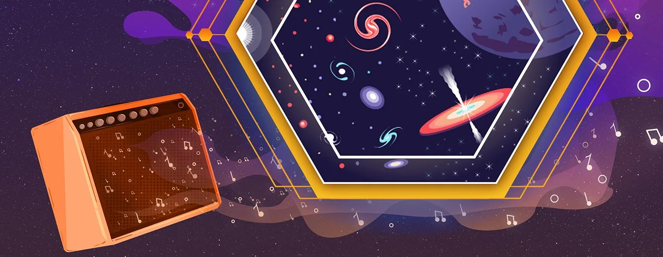 Illustration representing Webb science set to sound. At bottom left is a large electric guitar amplifier at a slight angle. Music notes emanate from the front of the speaker and drift across the frame. In the middle, superimposed on the starry background, is a large hexagon representing various aspects of Webb Science: stars, planets, galaxies, nebulae, and black holes.