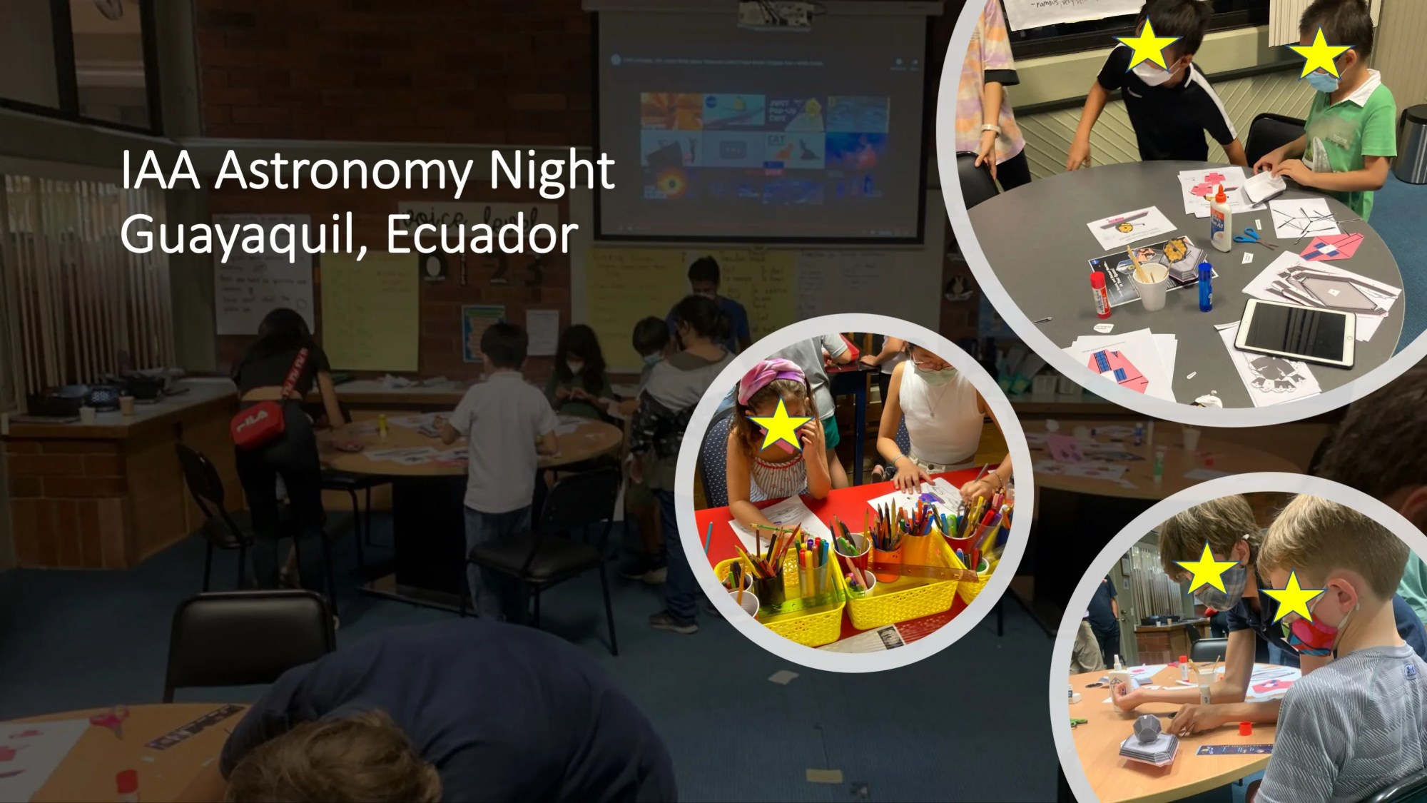 Slide 2 from the Event: Students participating in Astronomy night activities. Students created paper craft versions of Webb and coloring activities related to the science of Webb.