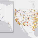 Map of United States with color coded pins representing Science Activation program reach across the country.