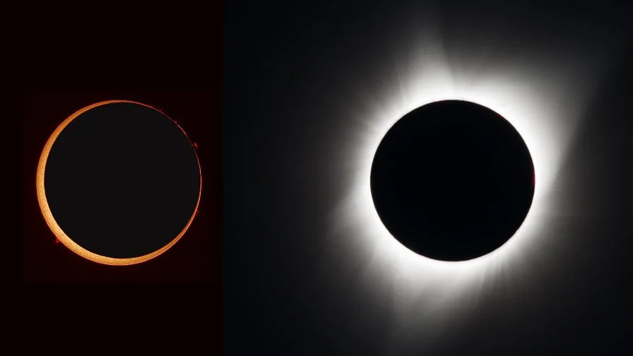 Composite photo of an annular eclipse next to a total eclipse