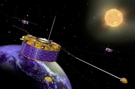 Artist concept of satellite in orbit with the sun in the background
