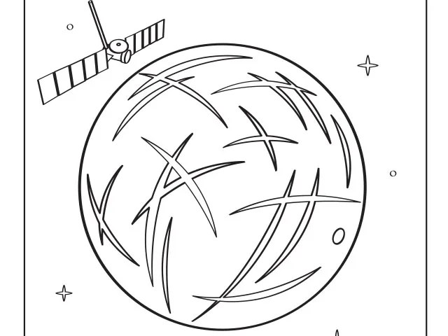 A sketch of a circle with scratch marks on its surface. A small spacecraft is orbiting just above the circle's surface.