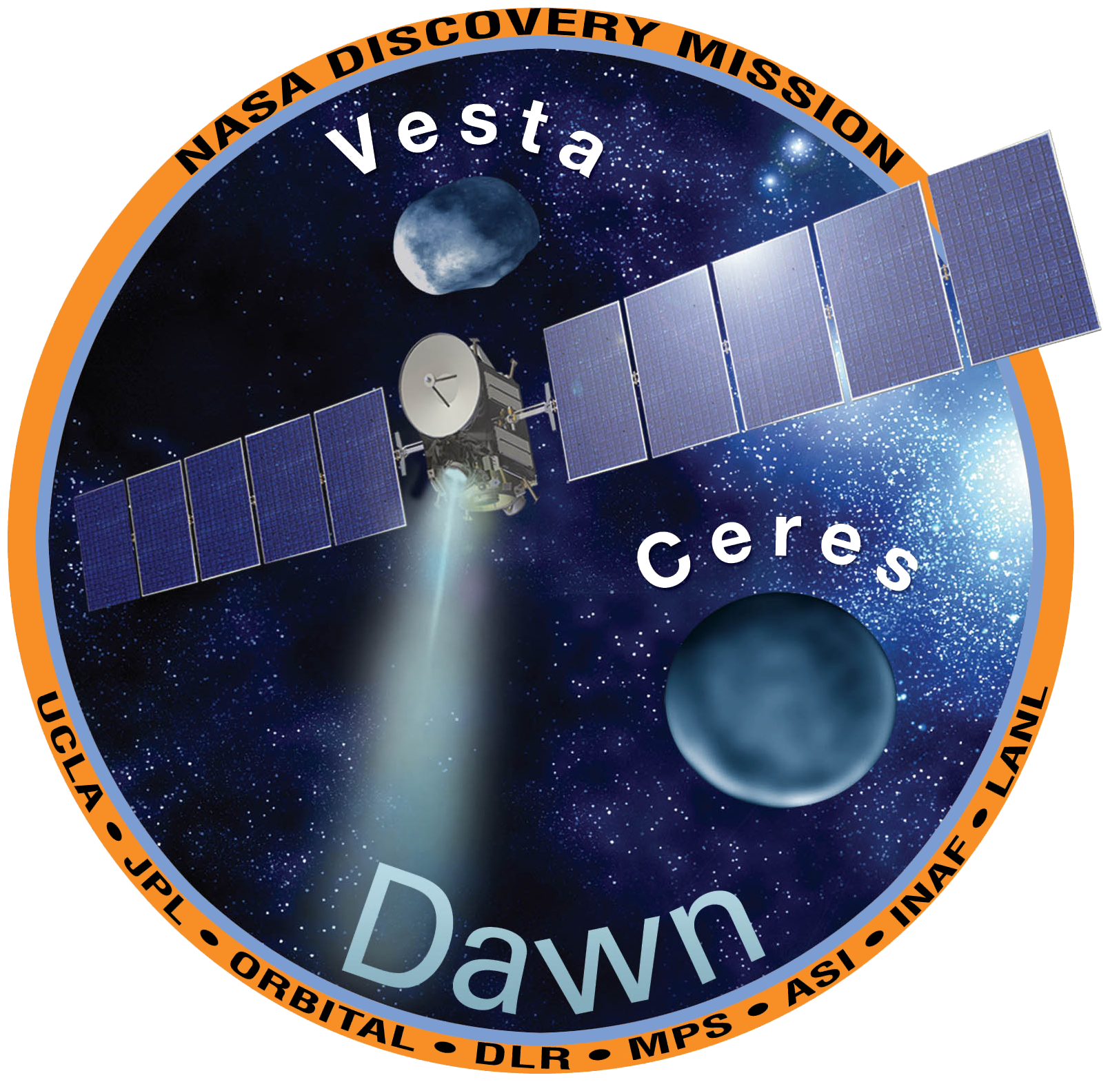 Dawn Mission patch shows the spacecraft and asteroid Vesta and dwarf planet Ceres.