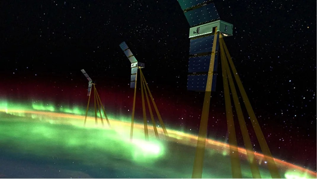 Artist concept of 3 spacecraft above the green surface of the sun with lines depicting scanning activity
