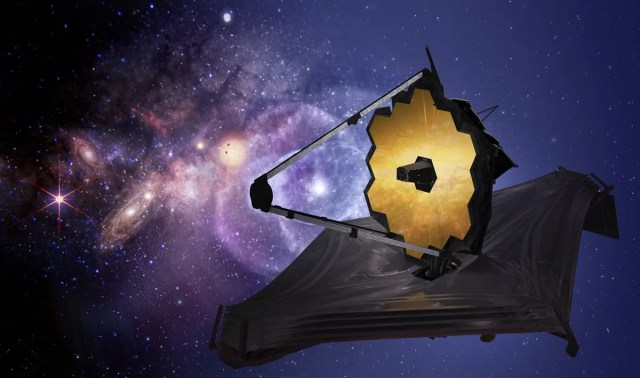 A montage of the Webb Space Telescope over a composited background of stars and galaxies.