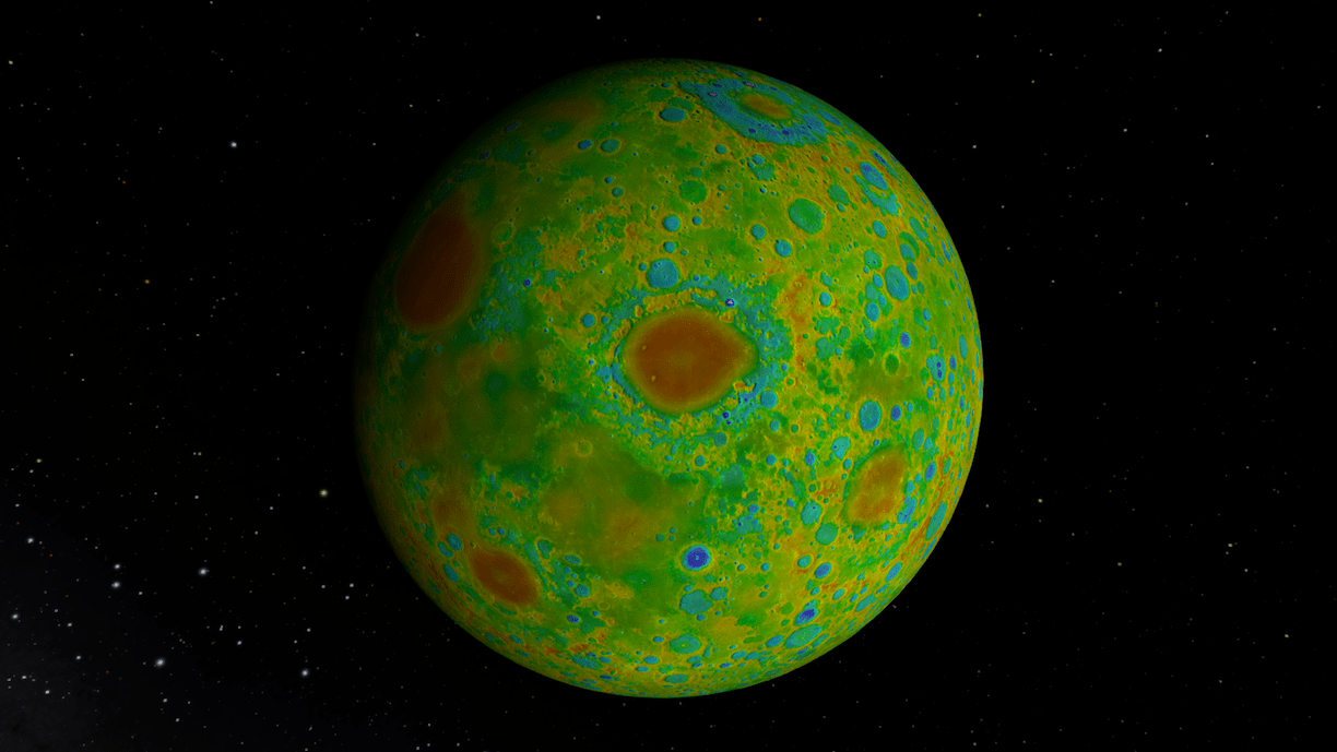 The moon colored with a green hue and spotted with blues, reds, oranges and yellows.