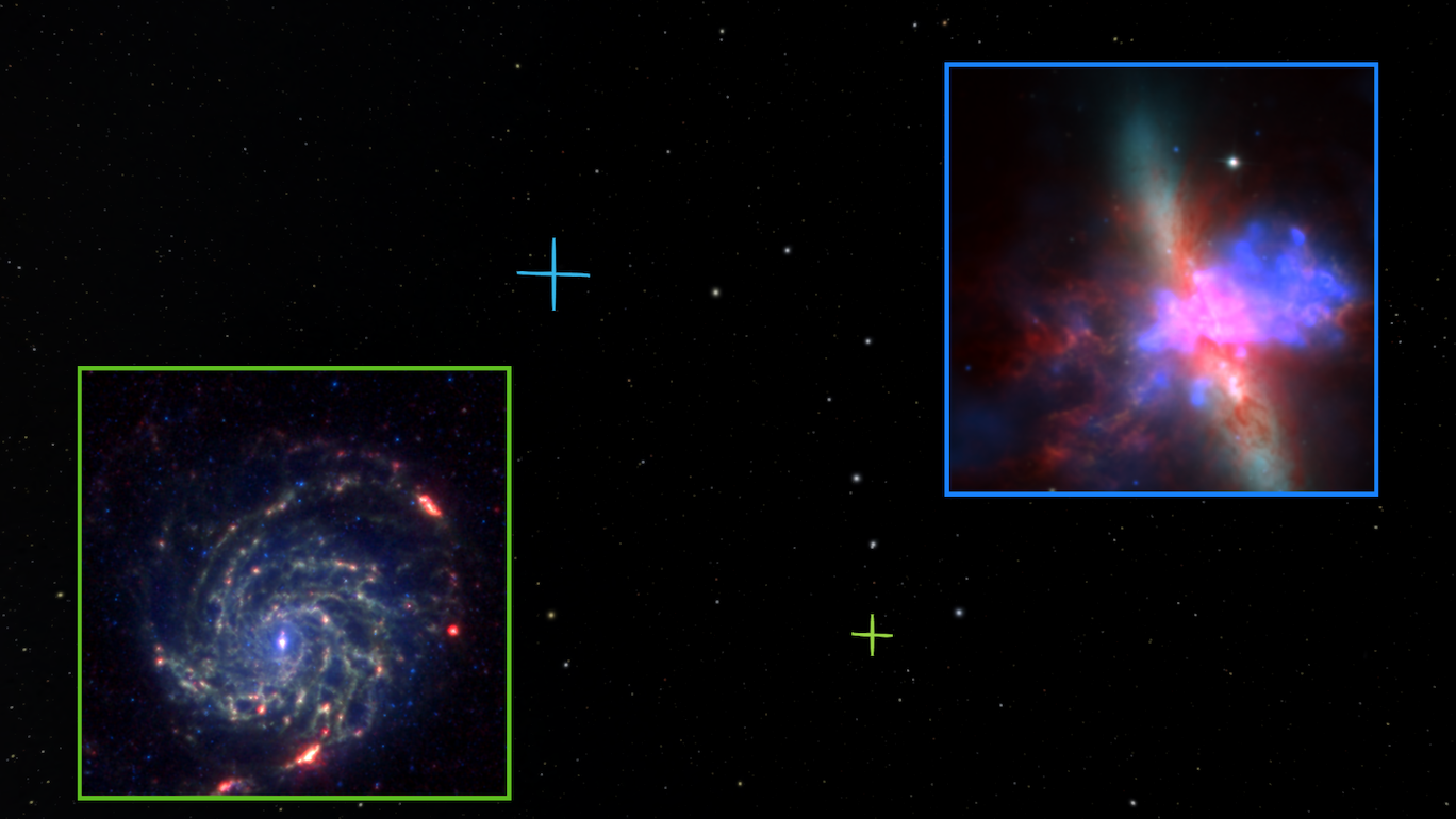 Two squares showing astronomical images are superimposed in space with two crosshairs.