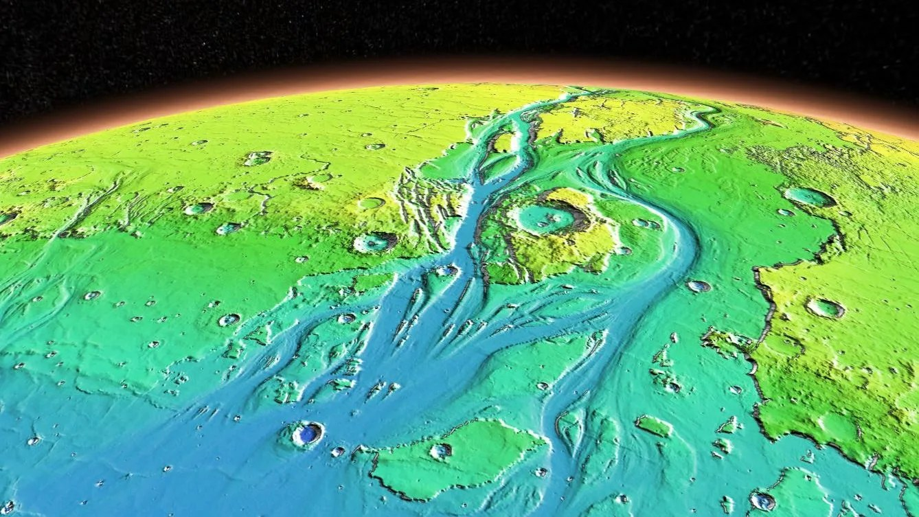 Mars’ Grand Canyon, Valles Marineris, visualized by Mars Trek using data from the THEMIS instrument on the Mars Odyssey spacecraft and the MOLA laser altimeter aboard the Mars Global Surveyor spacecraft.