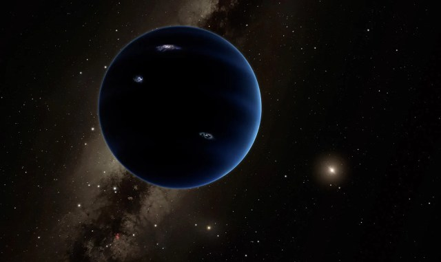 A dark, bluish planet is shown orbiting far from the Sun in this artist's concept.