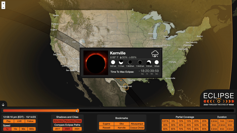 A black box appears over the U.S. map. On the left of the box is the Sun. As the user drags the time scroll across the screen, the bubble moves across the map, and the Moon moves in front of the Sun.