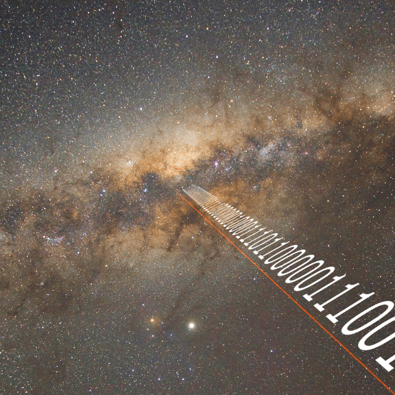 The center of the Milky Way Galaxy appears as a irregular line of interstellar dust sprinkled with stars across the image frame. A stream of 1s and 0s shoots out of the center of the image, symbolizing the digital data an advanced civilization might communicate using radio waves.