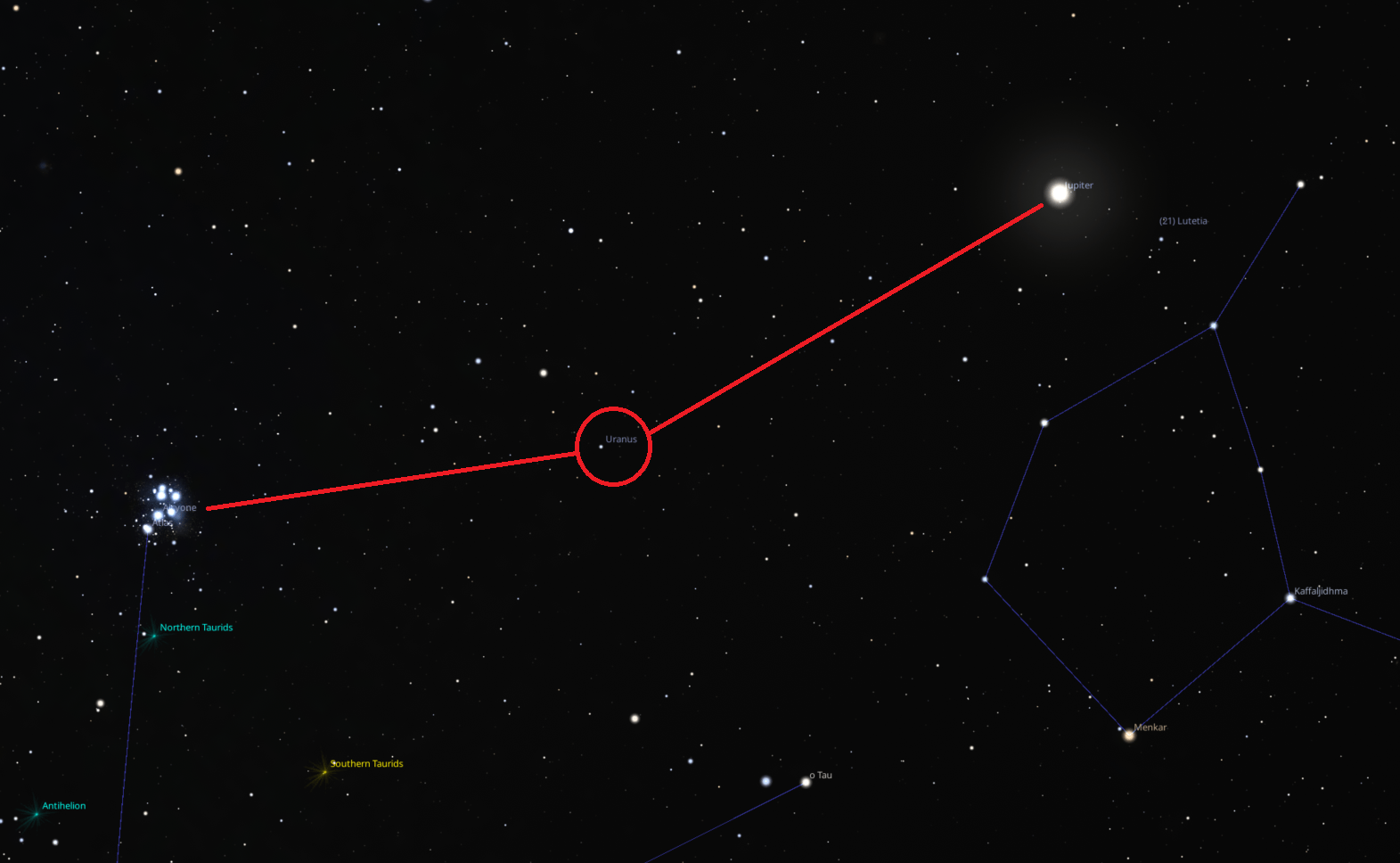 A star map on a black backgound showing The Pleiades and Jupiter with Uranus circled in red in between them.