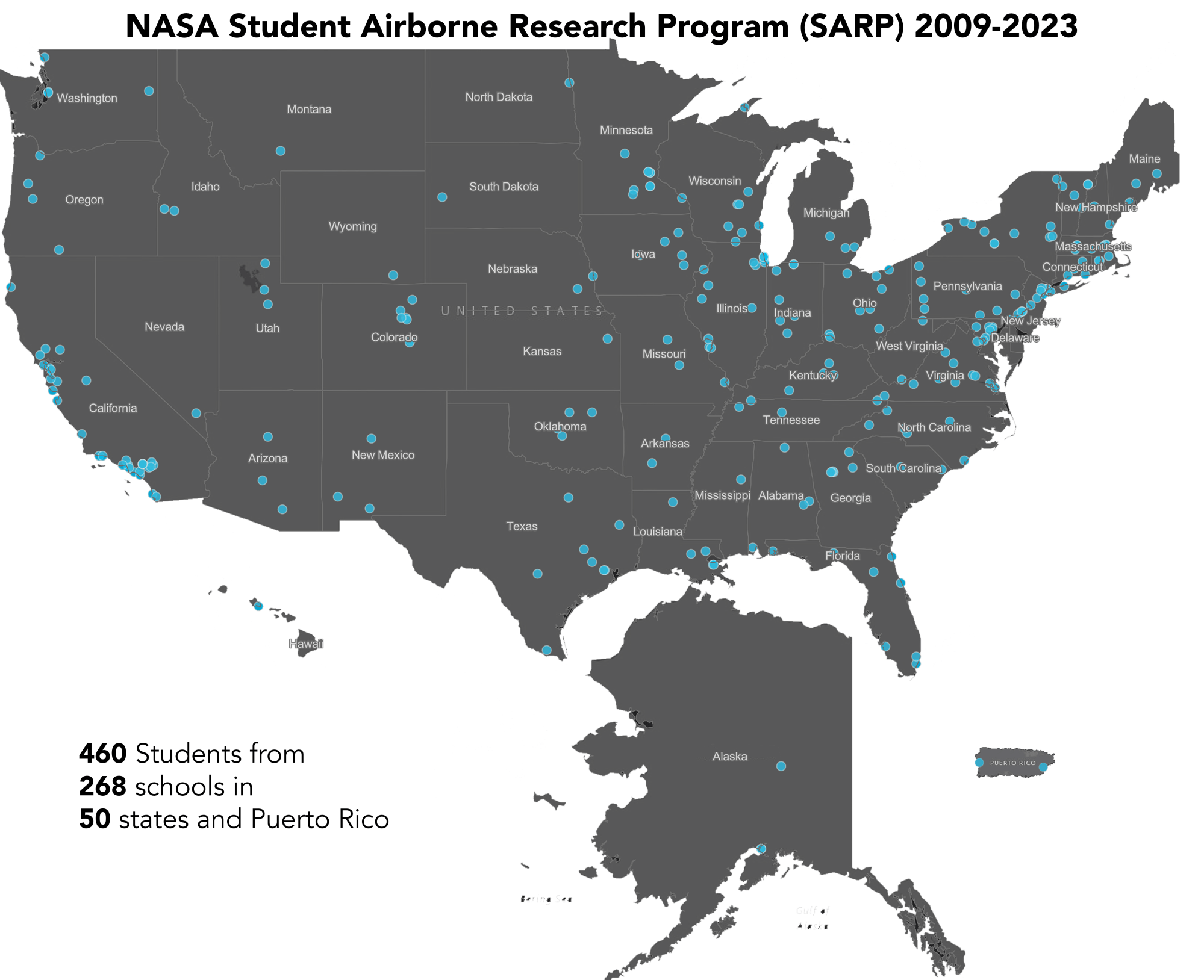 Map of the US with locations of SARP students’ institutions. 460 SARP students are from 268 different schools in all 50 states as well as Puerto Rico.