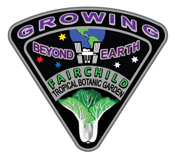 An illustrated logo that reads Growing Beyond Earth; Fairchild Tropical Botanic Garden. The ISS is in orbit around the earth and a green cabbage-like plant sits below the ISS.