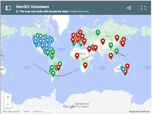 Map showing that the biggest cluster of volunteers are in North America, followed by Western Europe, then South America. There is a sprinkling of participation from Africa, Eastern Europe, Asia, Southeast Asia, and Australia. 