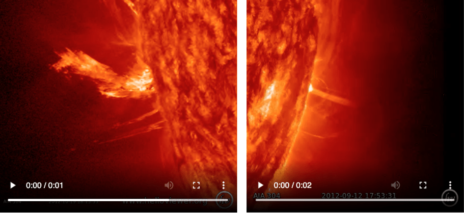 Left: On the right hand side we see a partial view of the Sun’s surface, with black space on the left. A wide, ragged, curling, dragon-shaped jet (it looks like it has two ears and a snout) extends halfway across the image. Below it, two much narrower and straighter jets run from the Sun’s surface left into space.  Right: On the left we see a partial view of the Sun’s surface covered in red and orange ragged spots. On the right is the dark black of space. A bright streak sticks out from the Sun’s surface, fading from bright yellow at the surface to pale red at its farthest point. 