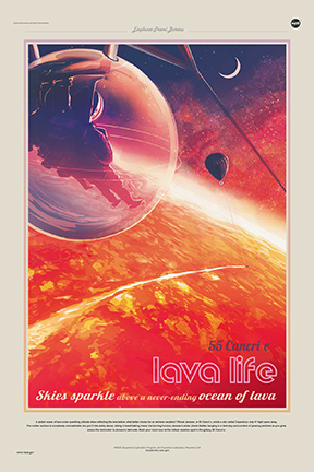 An artistic illustration of the surface of 55 Cancri e showing a couple in a protective bubble, suspended by a futuristic balloon over a global surface of lava, under dark, sparkling skies.