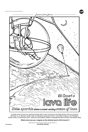 A coloring page for the exoplanet 55 Cancri e shows future visitors to the lava world in a bubble floating over an ocean of lava.