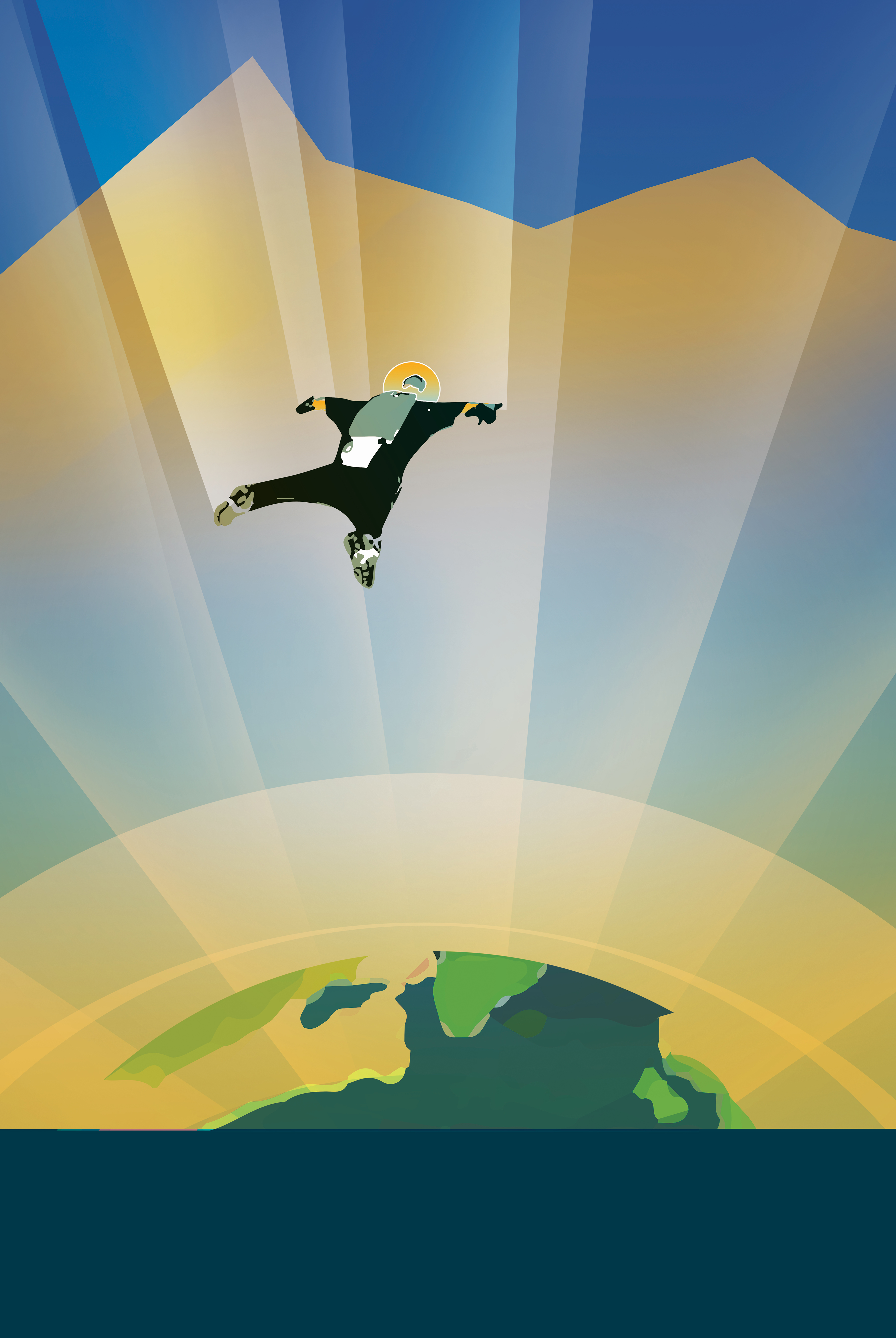 A travel poster for the exoplanet HD 40307g shows a skydiver high above a blue planet. It says, "Experience the gravity of a super earth." The poster is done in greens, blues and yellows. The blue sky is peeking out behind jagged gradients of yellow. The skydiver is wearing a futuristic suit with a parachute on their back. There are gradients of yellow colors surrounding the giant planet with streaks of light streaming toward the planet.