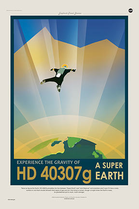 HD 40307 g, a super-Earth exoplanet is on a poster featuring a skin diver without a parachute.