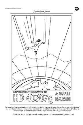 A coloring page based on our popular Exoplanet Travel Bureau poster for HD 40307 g that shows the effects of super gravity as a skydiver descends over the planet.