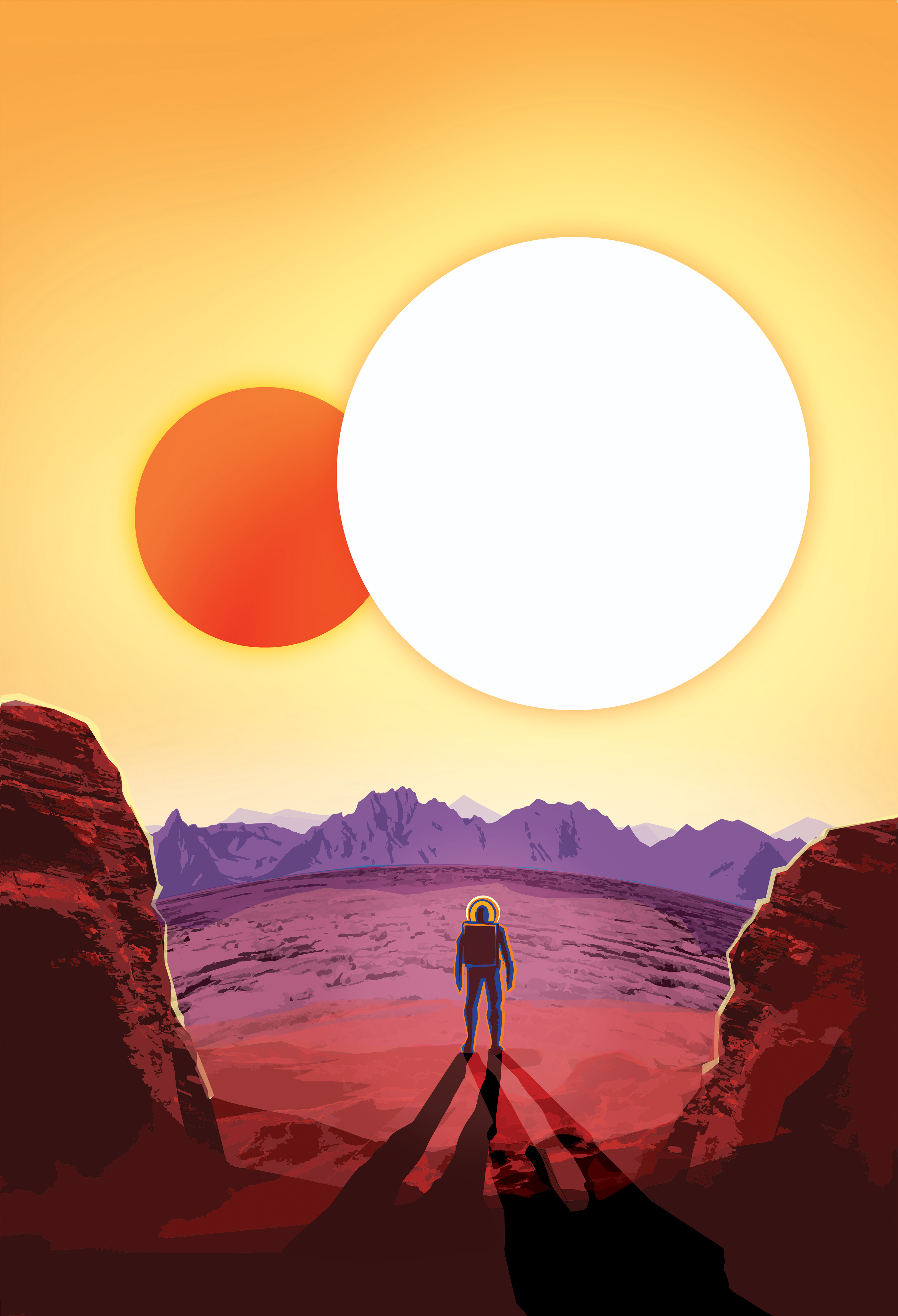 A vintage looking travel poster shows a human figure from behind, standing beneath two big and bright suns. The smaller one of the pair is bright orange and the larger one is yellowish white. The person is casting two shadows because of the two stars. The person is looking toward rock formations that look like those found in the Southwest US. The poster is done in red, orange and white colors and says, "Relax on Kepler-16b, where your shadow always has company."
