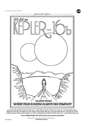 If you visited Kepler-16b, what colors do you think you’d see? Download the coloring page based on our Exoplanet Travel Bureau poster for the world with two suns.