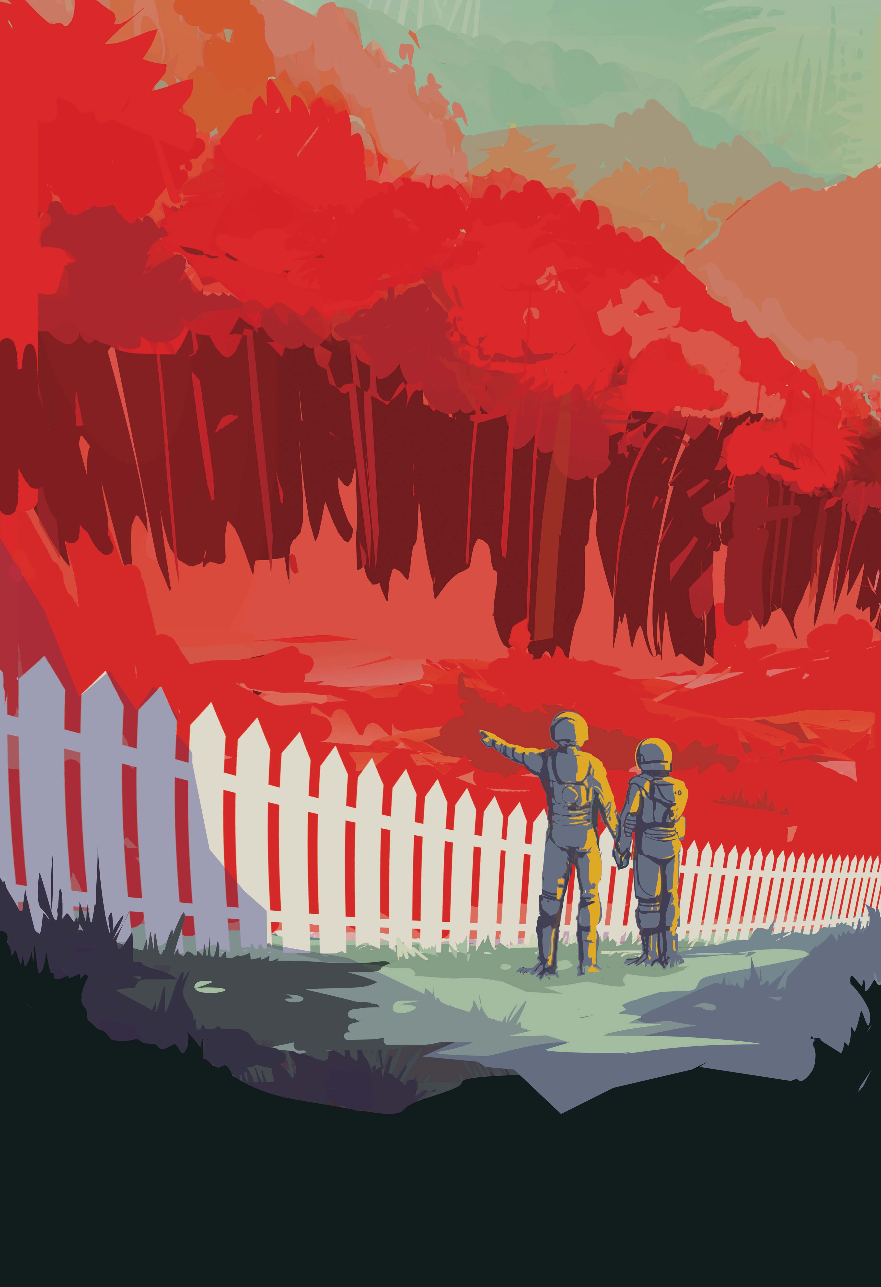 A travel poster for the exoplanet Kepler-186f shows two humans standing amid abundant plant life. There are trees and grasses, most of them colored red. There is also grass colored green. The two people stand in front of a white picket fence that cuts across the poster that says, &quot;Kepler-186f, where the grass is always redder on the other side.&quot;