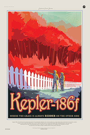 A travel poster for the exoplanet Kepler-186f shows two humans standing amid abundant plant life.