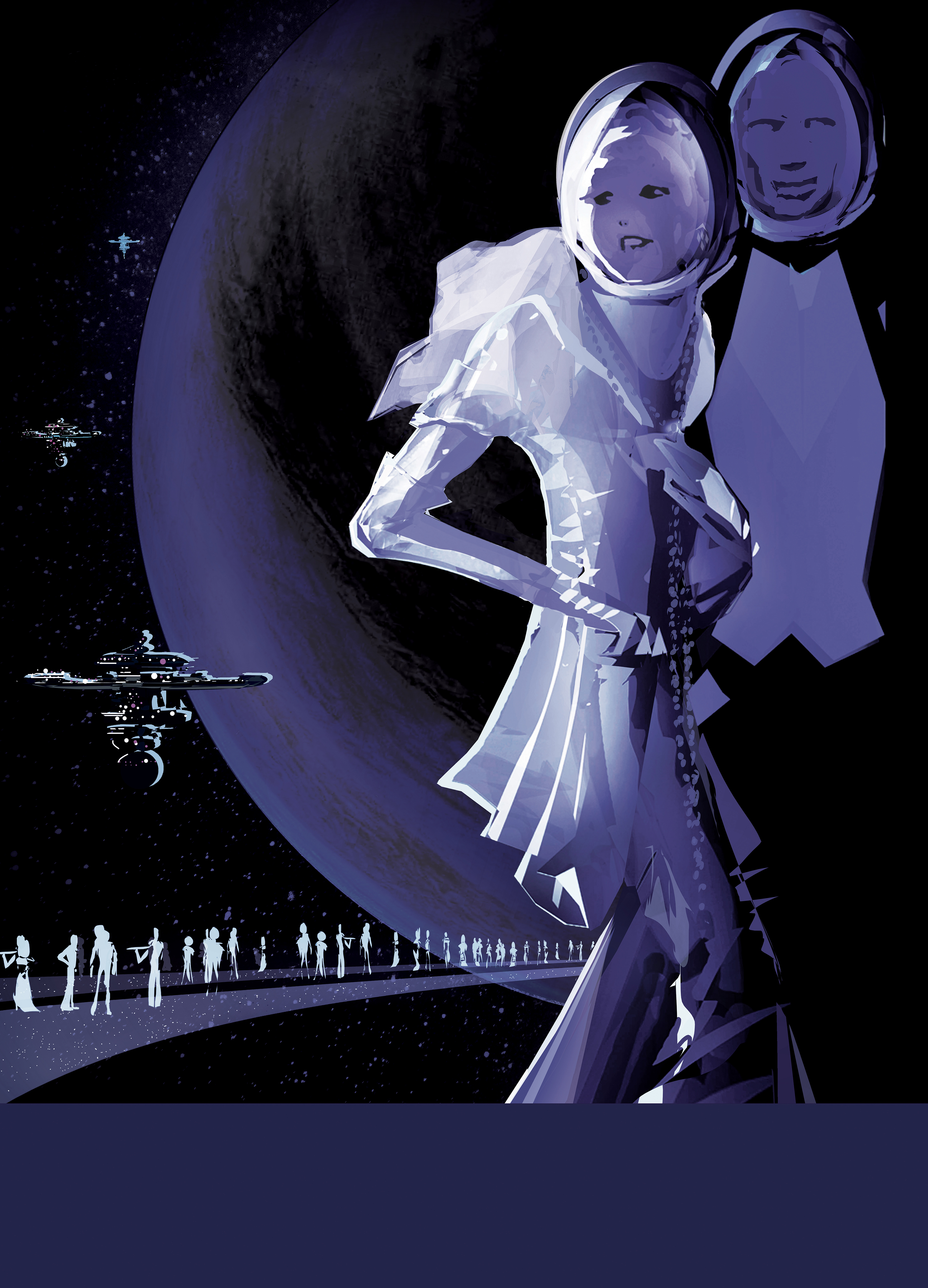 A travel poster for the exoplanet PSO J318.5-22 shows a man and a woman in the foreground in futuristic party clothes and elegant space helmets. Behind them is a giant planet with advanced looking technology and hardware on spaceships floating nearby. A group of partygoers are behind the man and the woman and all are standing on an outside deck like the ones seen surrounding the background spaceships. All of the partygoers are in fancy dresses, tuxedos and slim space helmets. The text on the poster says, &quot;Visit the planet with no star. PSO PSO J318.5-22, where the nightlife never ends.&quot;