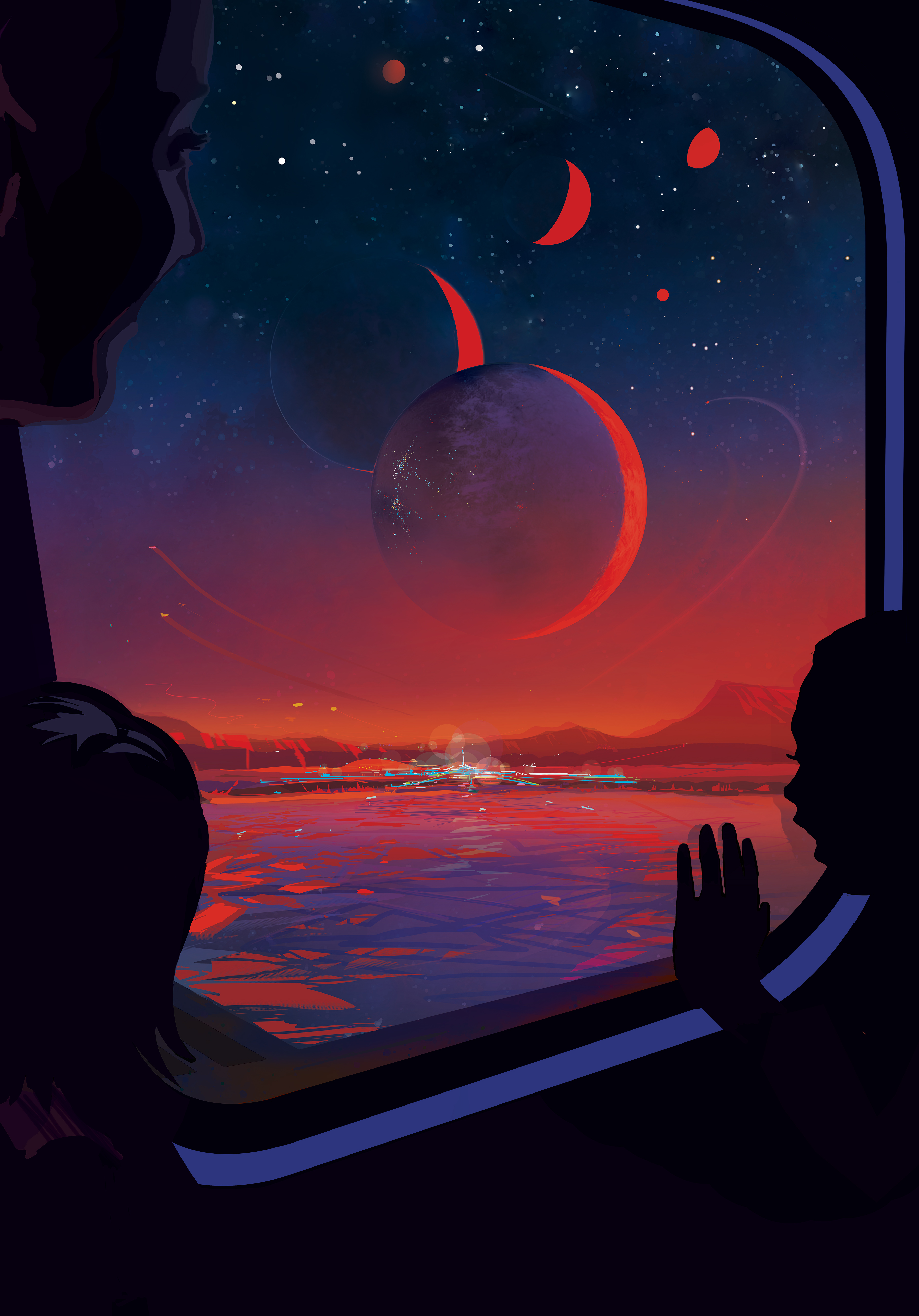 A travel poster for the exoplanet TRAPPIST-1e. A woman and children are gathered around a train window looking out excitedly. Through the window you can see six large exoplanets in the sky like giant moons. The inside of the train car is dark to better show the view outside, where everything is bathed in the red light from its red dwarf star. The sky is also filled with stars including the three-star line of Orion and the Leo constellation, which contains our yellow sun as a star. The poster says, &quot;Planet hop to TRAPPIST-1e, voted number1 habitable zone vacation spot.&quot;