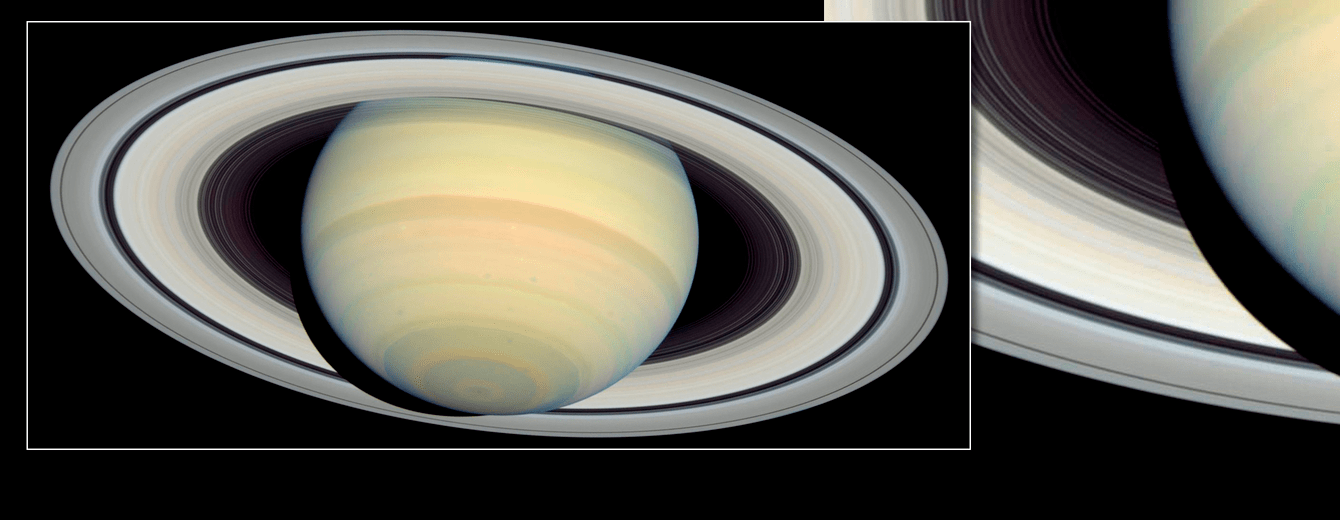 Two NASA Hubble Space Telescope views of Saturn. On the left is a full view of Saturn and its rings. The planet appears as though it is tilted backward, appearing to reveal the underside of its rings. Overall Saturn is yellow with bands of red, yellowish-brown, light orange, pink, and blue. On the right is a closer view of the rings and a small part of the planet.