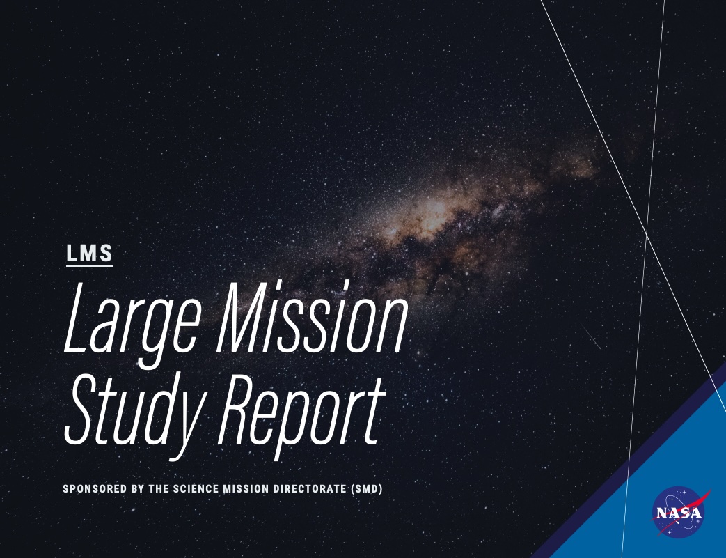 Report cover graphic featuring a dark starry universe image with the title NASA Large Mission Study Report overlaid.