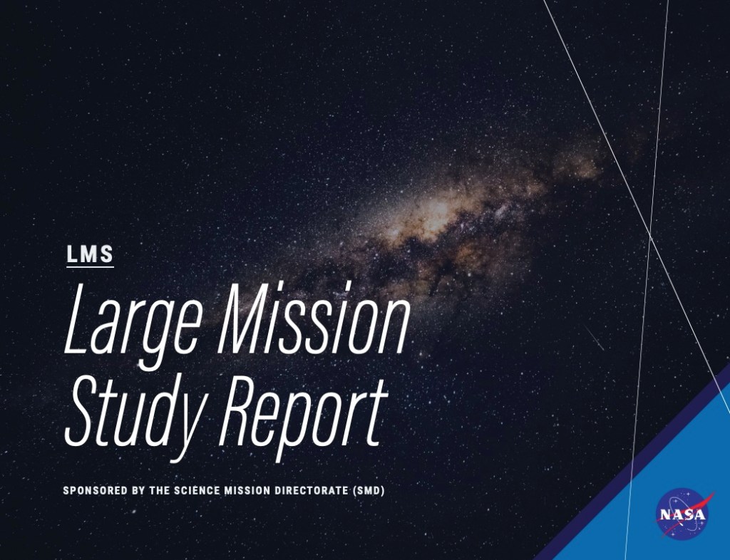 Report cover graphic featuring a dark starry universe image with the title NASA Large Mission Study Report overlaid.