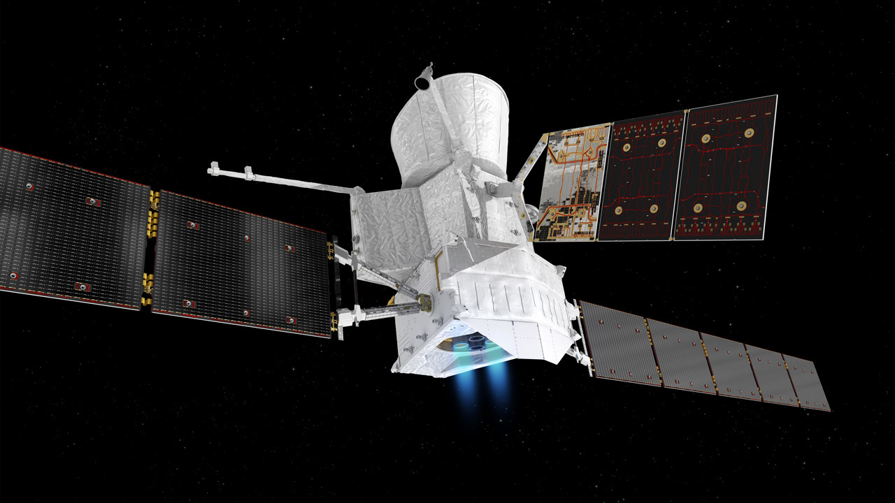 Artist rendering of white spacecraft with extended solar panels against black background