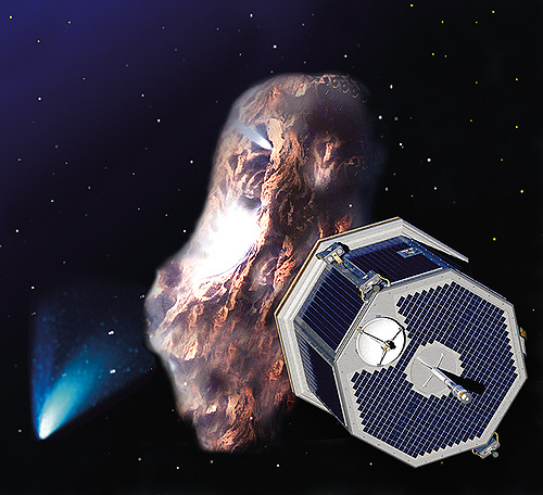 Artists' rendering of octagon-shaped spacecraft approaching a comet