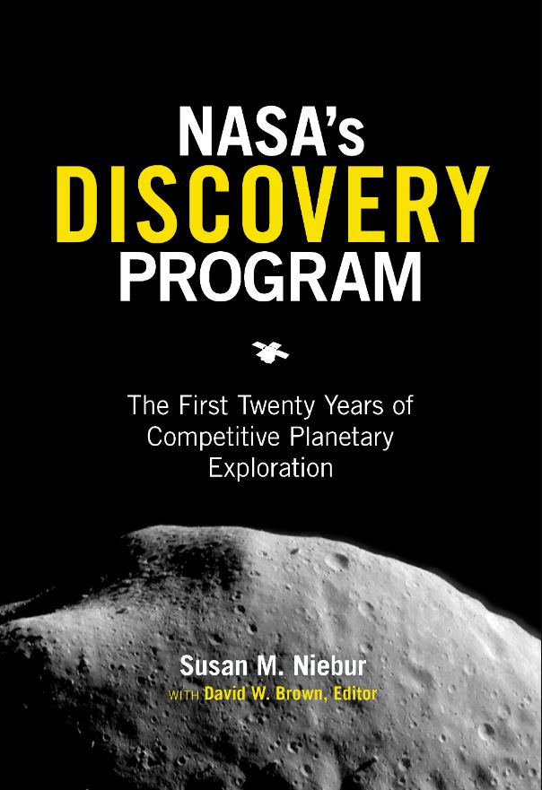 Cover of the book showing the gray image of asteroid Eros in the lower third against a black background with white and yellow text