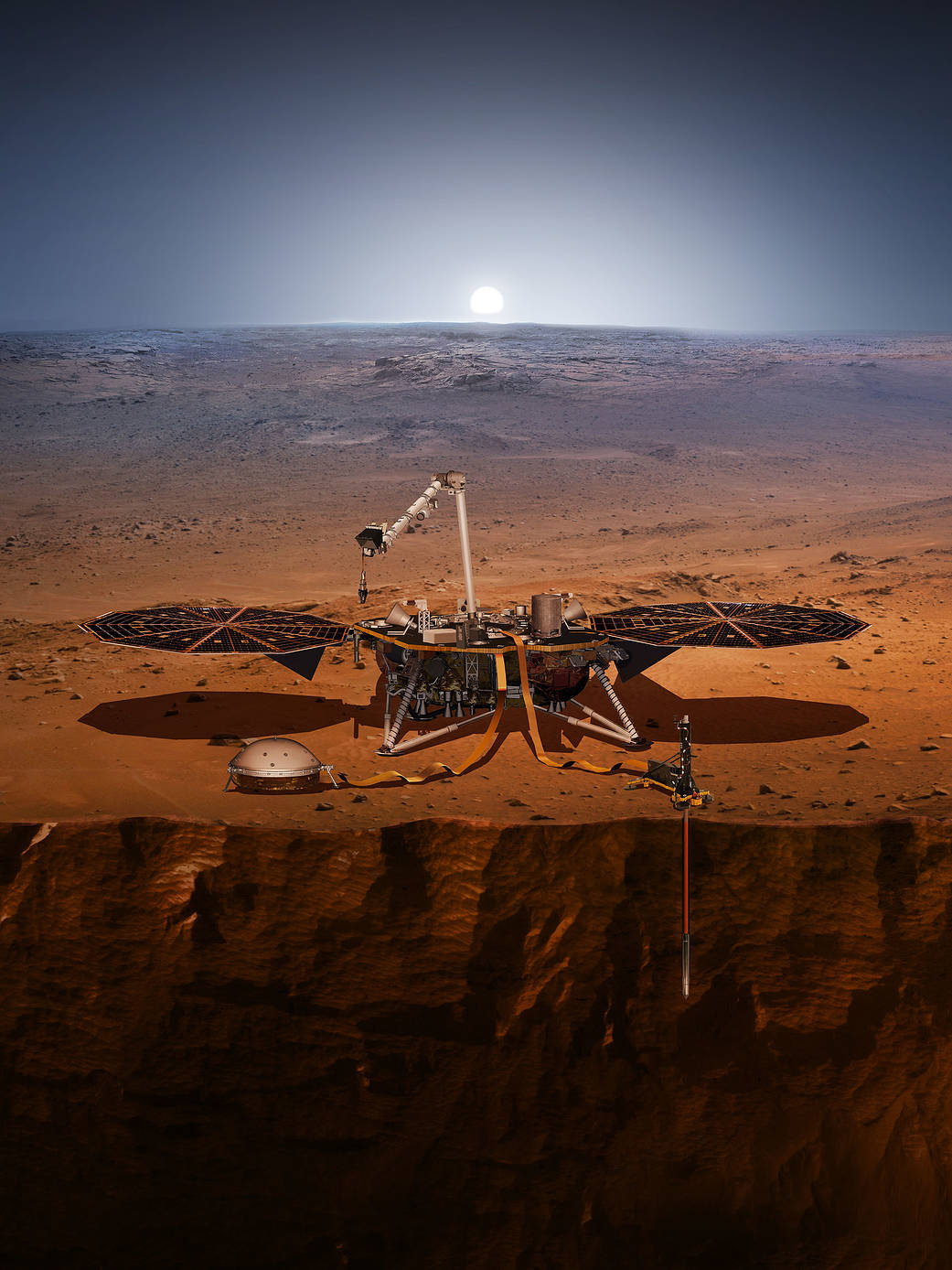 Artistic view of InSight lander on cliff's edge with probe extended into the surface