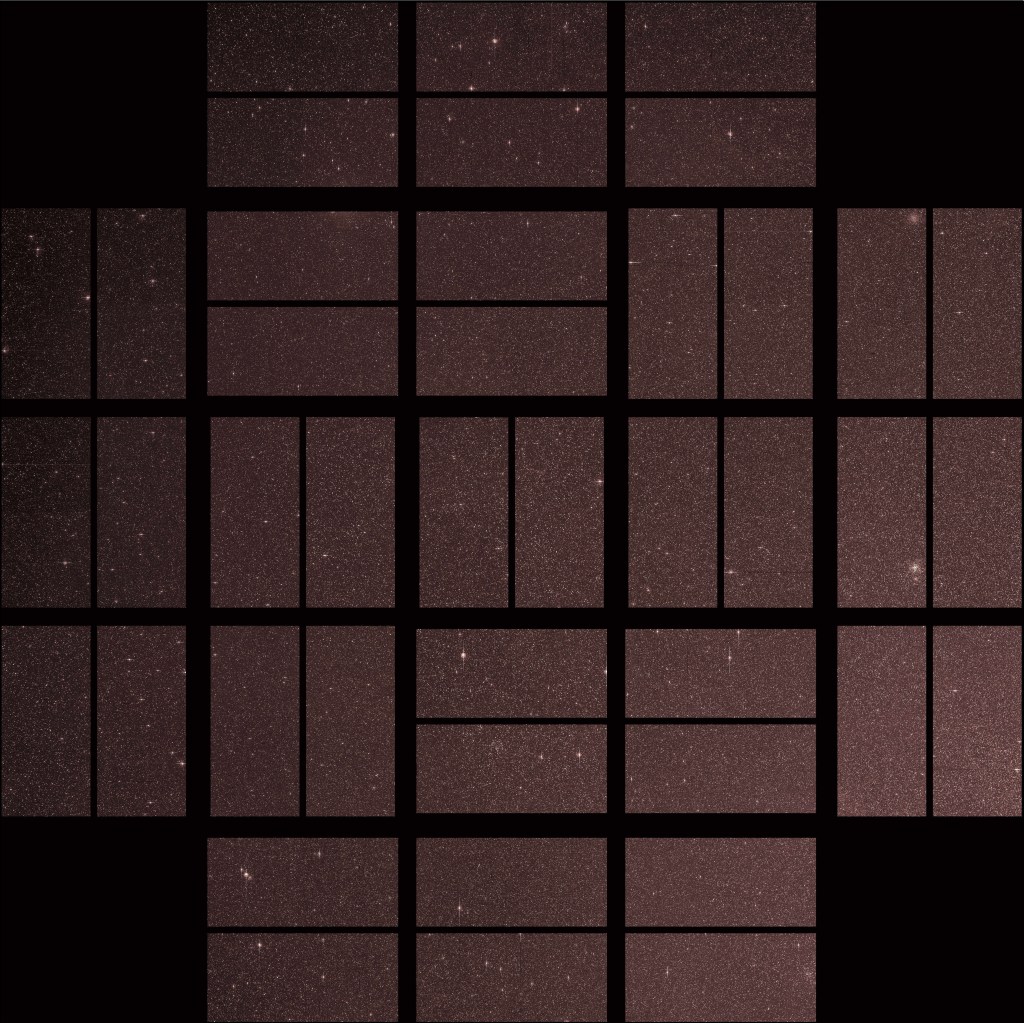 Grid of brick-colored rectangles with stars in each showing Kepler's first light image