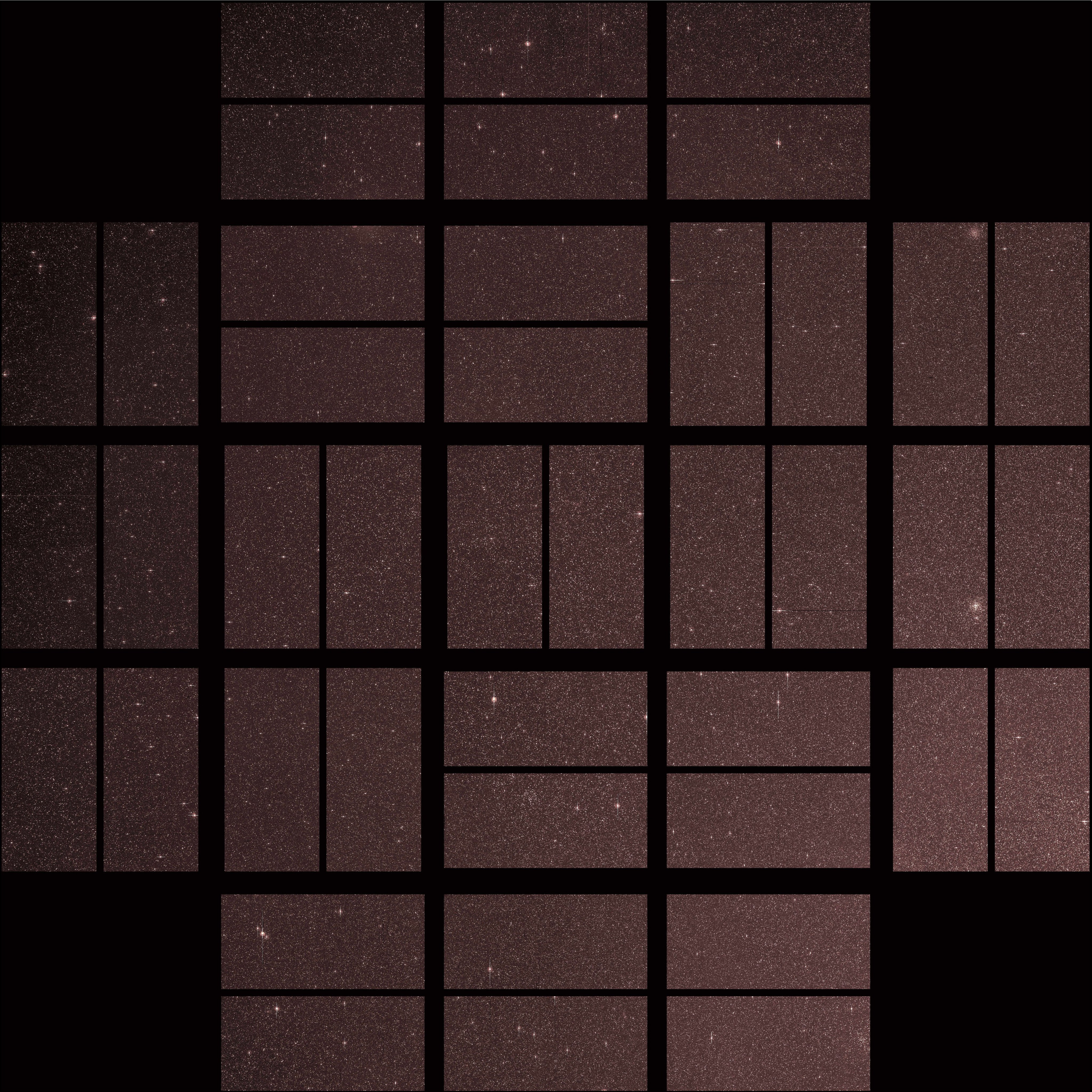 Grid of brick-colored rectangles with stars in each showing Kepler's first light image