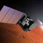 Spacecraft flying over Mars